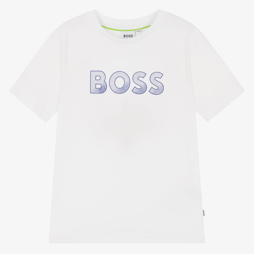 BOSS - Boys White Logo Cotton T-Shirt | Childrensalon