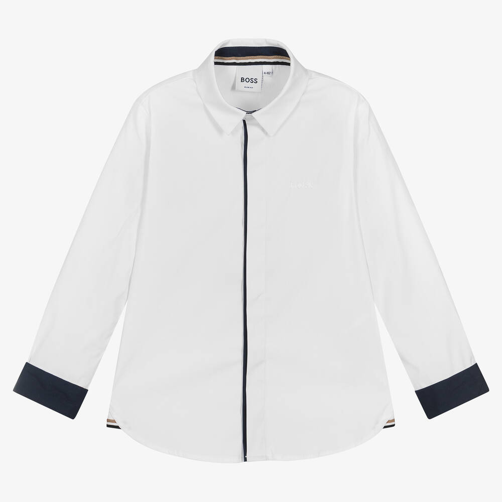 BOSS-Boys White Logo Poplin Shirt | Childrensalon Outlet