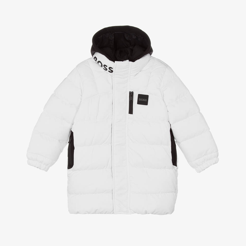 BOSS - Boys White Logo Puffer Coat | Childrensalon