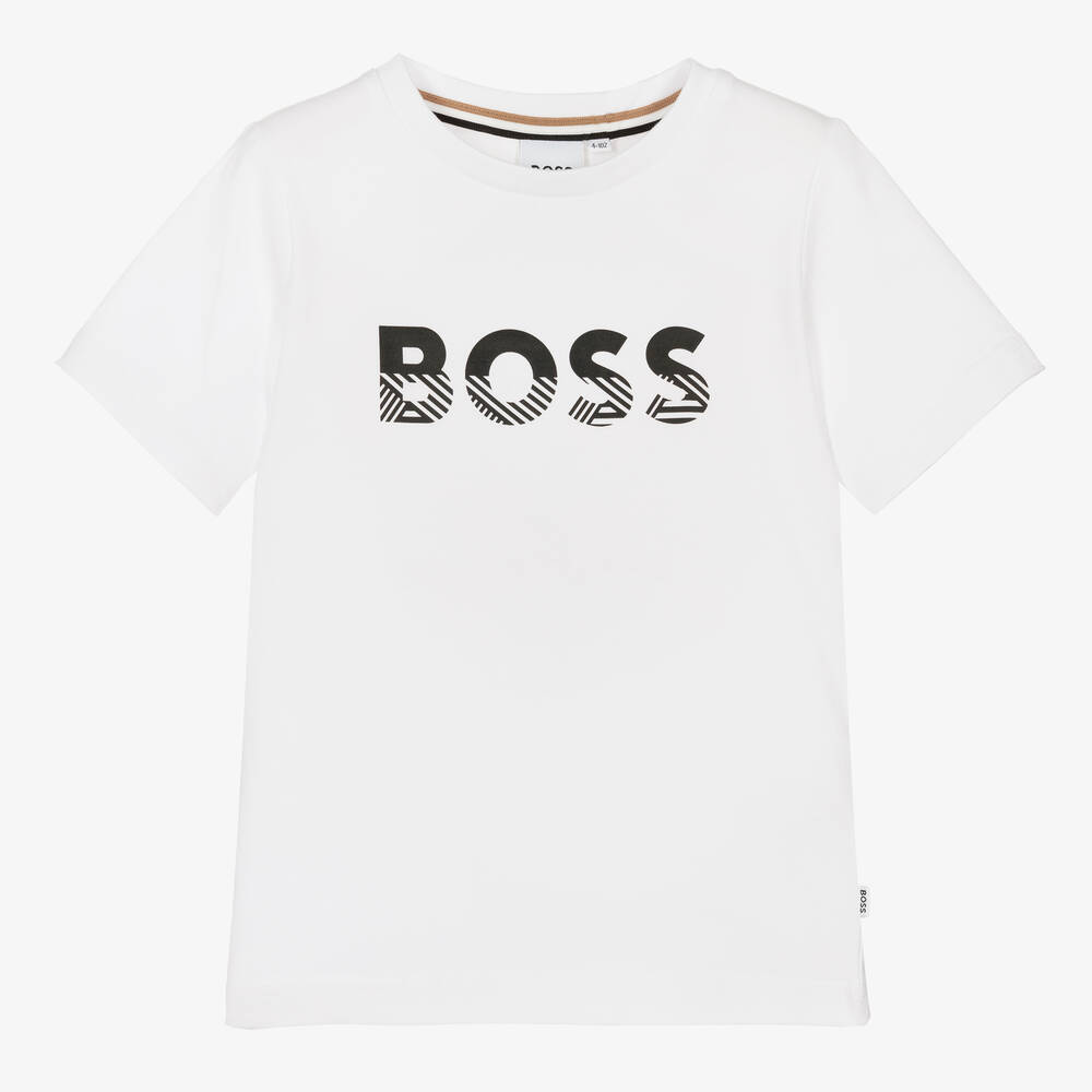 BOSS - Boys White Logo T-Shirt | Childrensalon