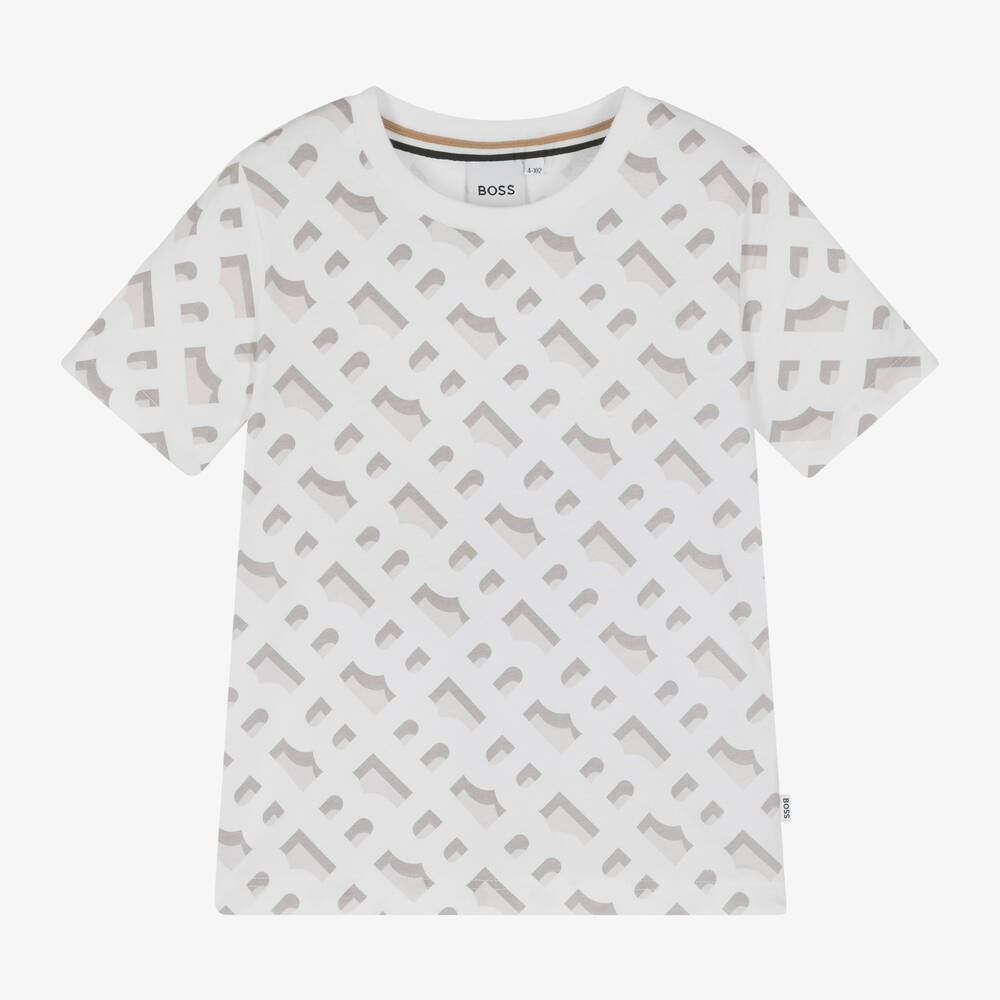 BOSS-Boys White Monogram Cotton T-Shirt | Childrensalon Outlet