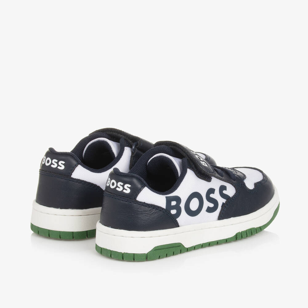 BOSS-Boys White & Navy Blue Velcro Trainers | Childrensalon Outlet