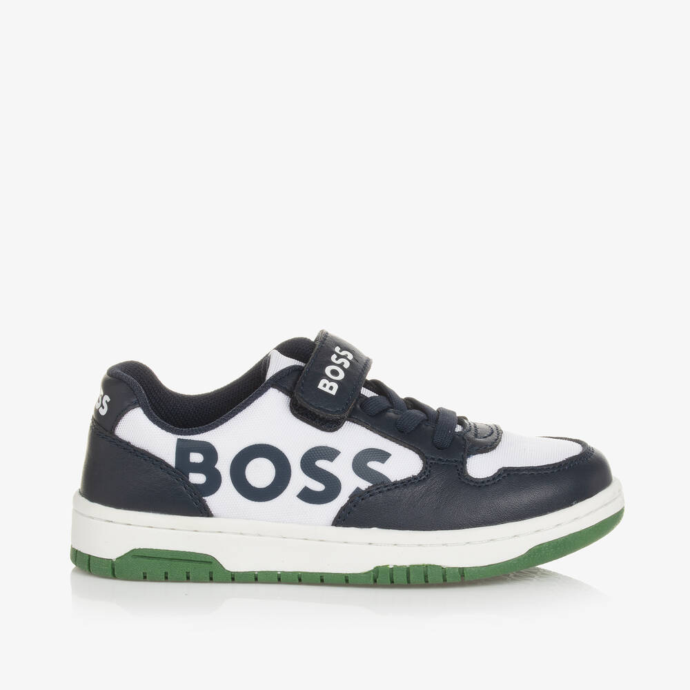 BOSS-Boys White & Navy Blue Velcro Trainers | Childrensalon Outlet
