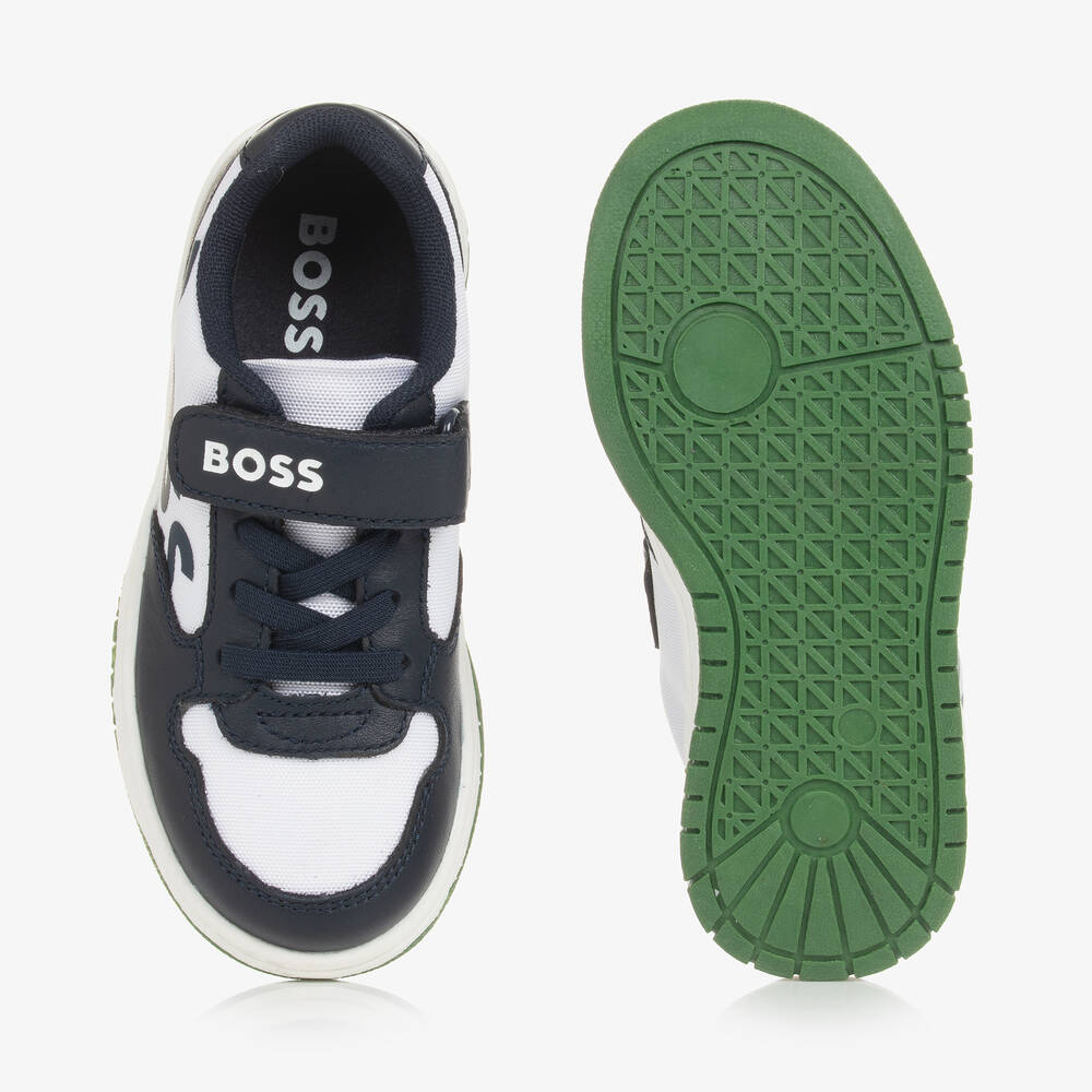 BOSS-Boys White & Navy Blue Velcro Trainers | Childrensalon Outlet