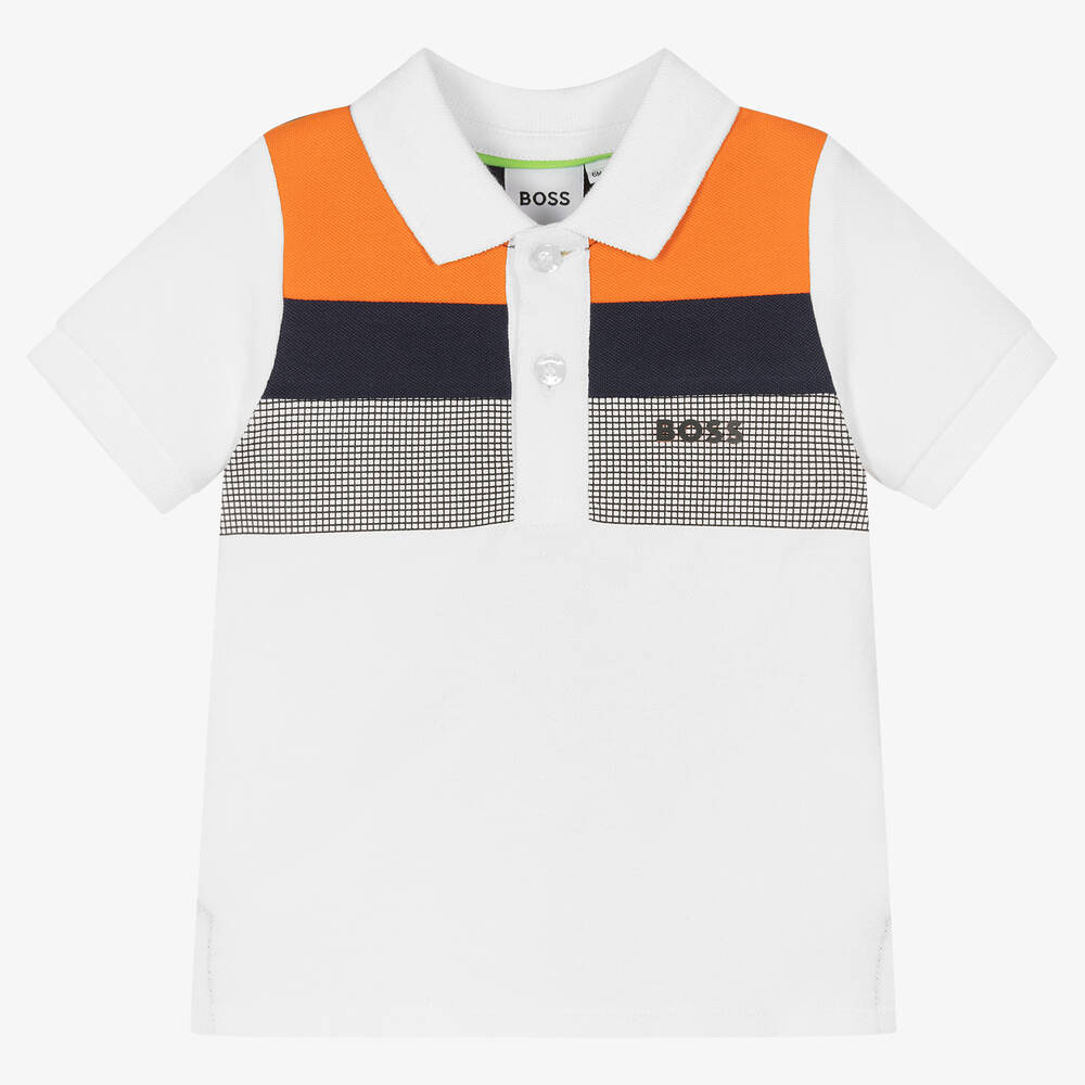 BOSS - Boys White & Orange Cotton Polo Shirt | Childrensalon