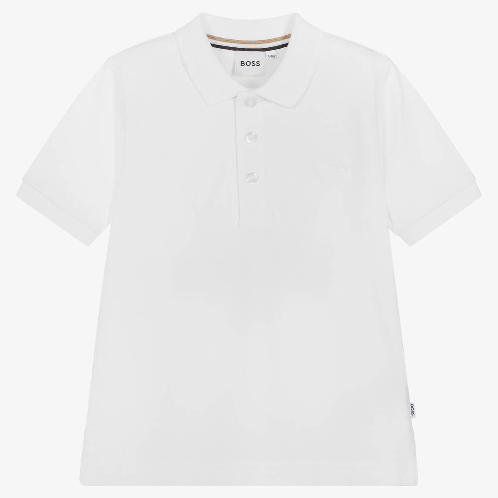 BOSS - Boys White Piqué Polo Shirt | Childrensalon