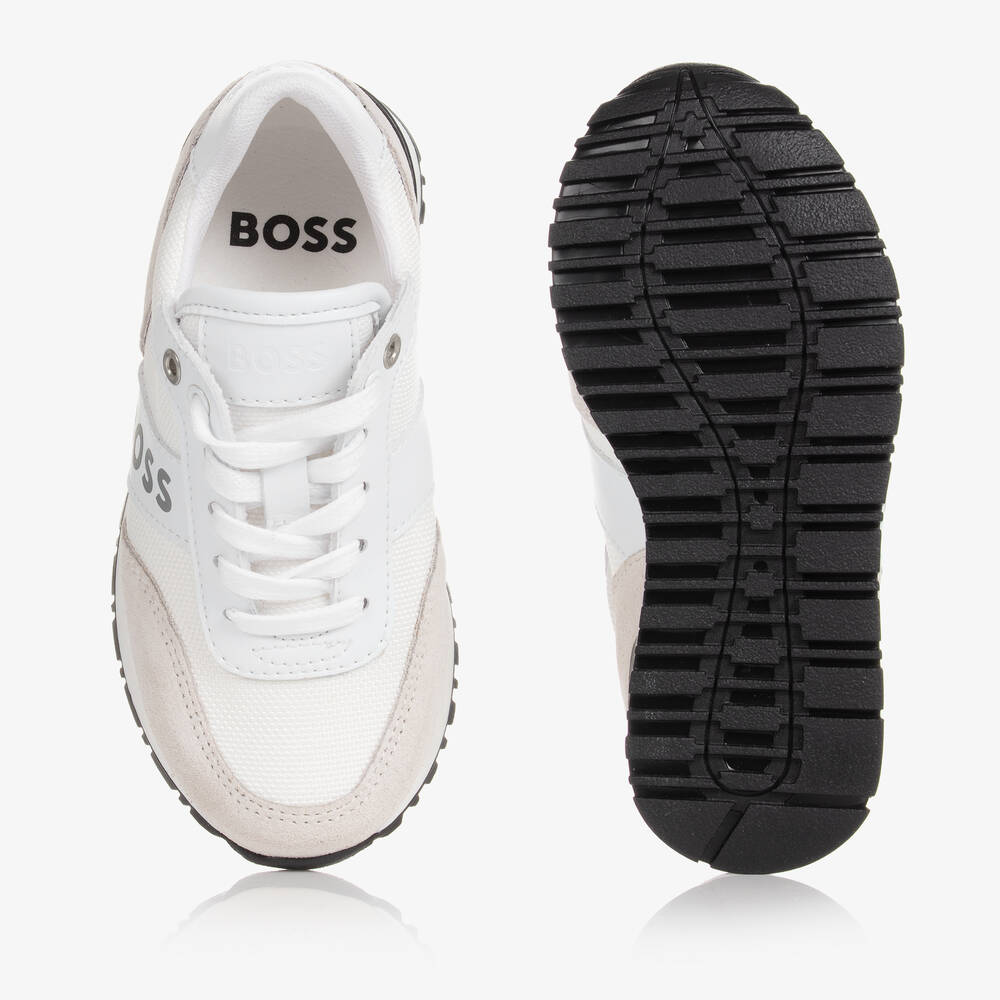 BOSS-Boys White Suede Leather Logo Trainers | Childrensalon Outlet