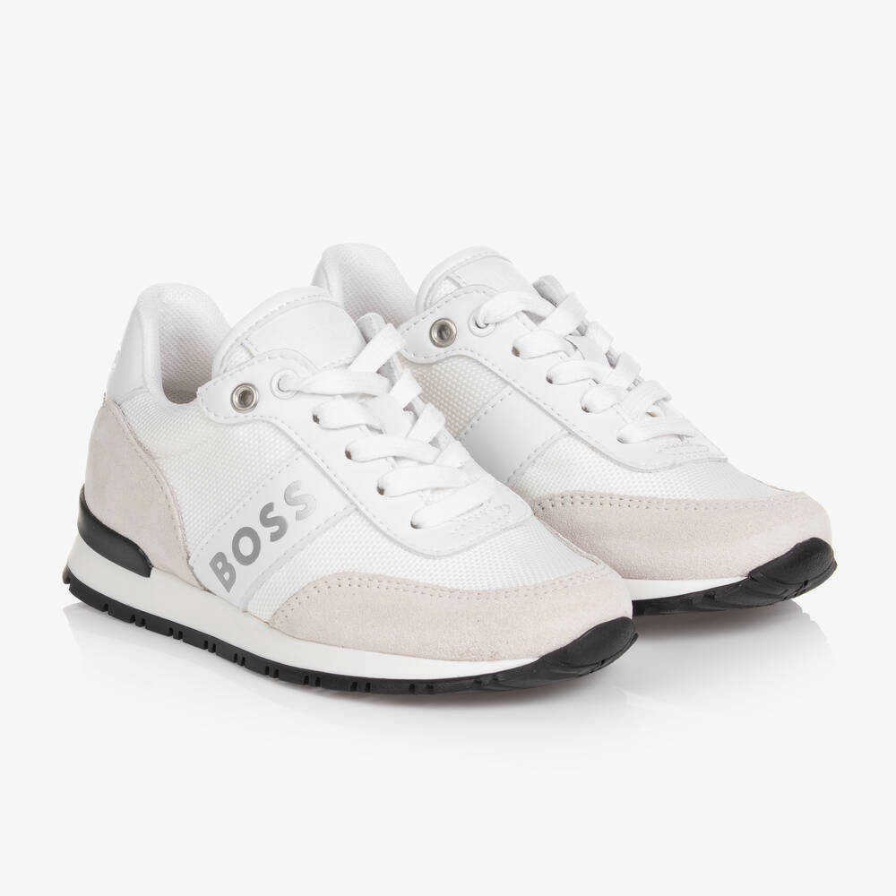 BOSS - Boys White Suede Leather Logo Trainers | Childrensalon