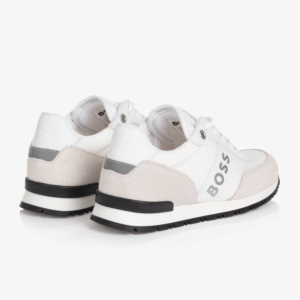 BOSS-Boys White Suede Leather Logo Trainers | Childrensalon Outlet