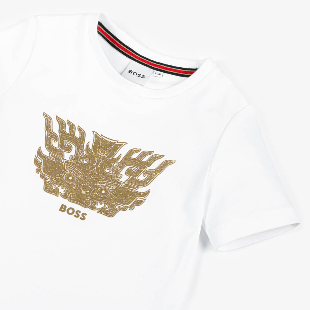 BOSS-Boys White Tee with Golden Dragon | Childrensalon Outlet