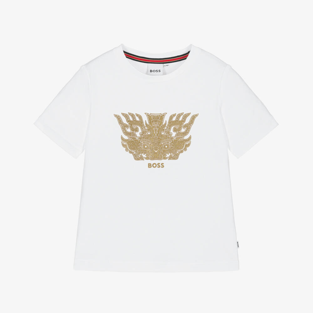 BOSS-Белая футболка с золотым драконом для мальчиков | Childrensalon Outlet