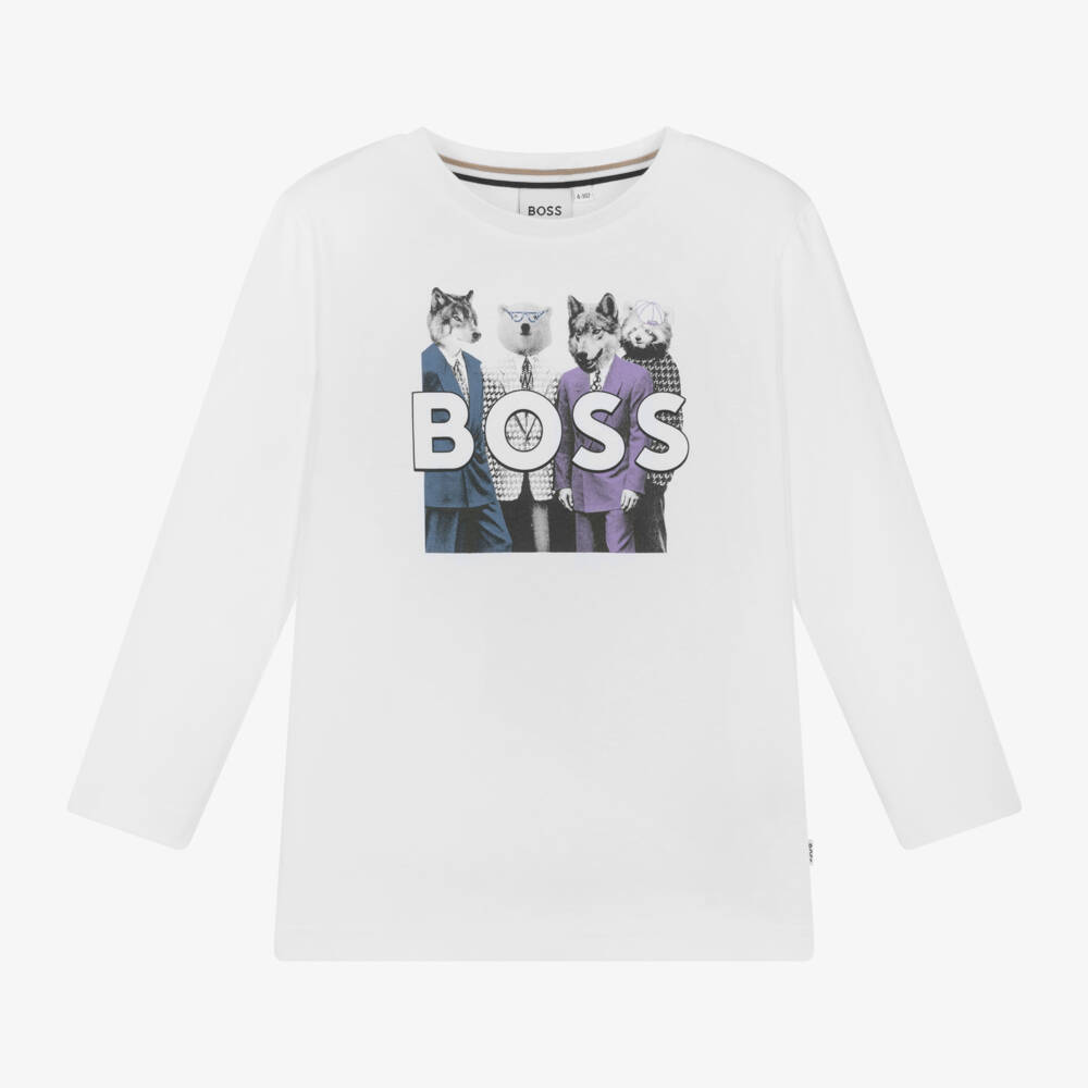 BOSS-Boys White Wolf Graphic Tee | Childrensalon Outlet