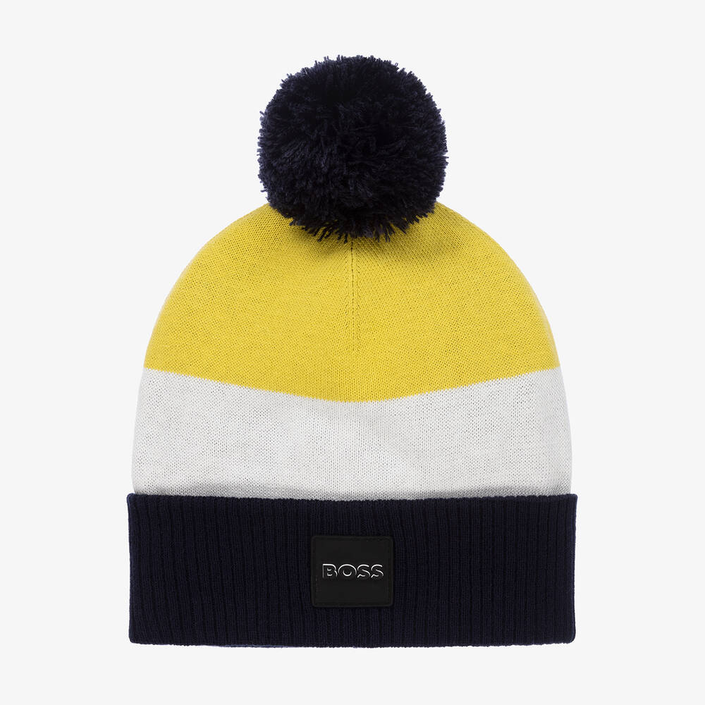 BOSS - قبعة قطن محبوك لون أصفر وكحلي للأولاد | Childrensalon