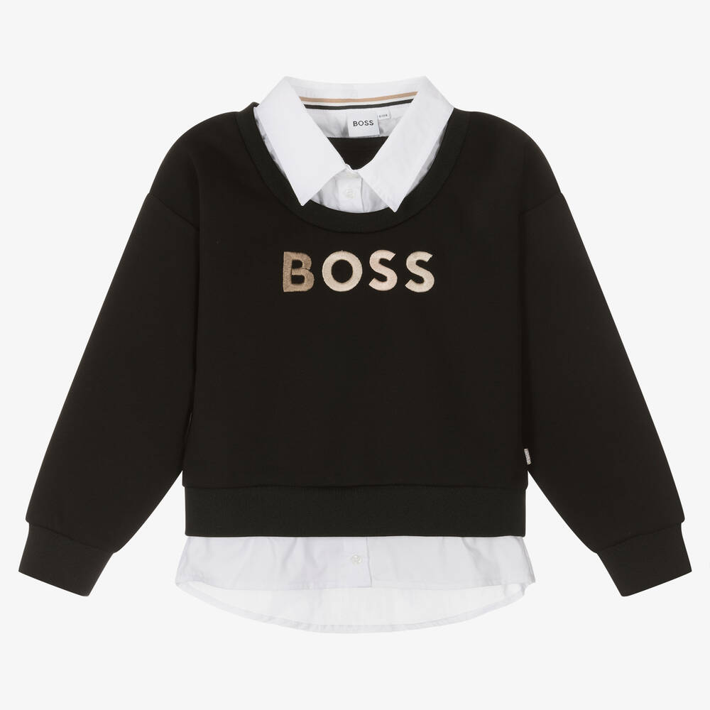 BOSS - Sweat-shirt noir en coton fille  | Childrensalon