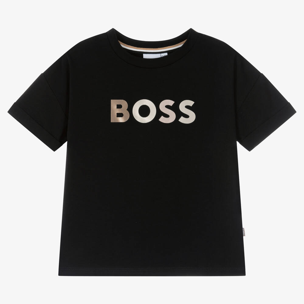 BOSS - Girls Black Cotton T-Shirt | Childrensalon