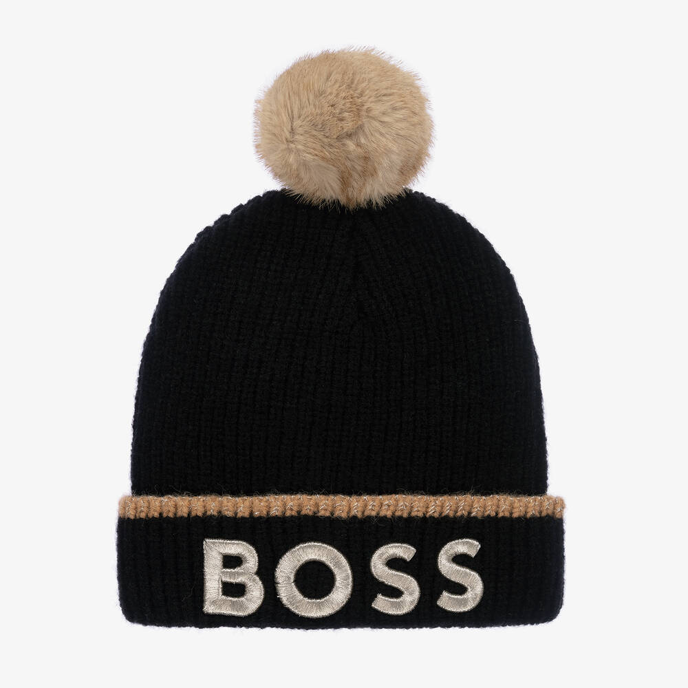 BOSS - Girls Black Knitted Bobble Hat | Childrensalon