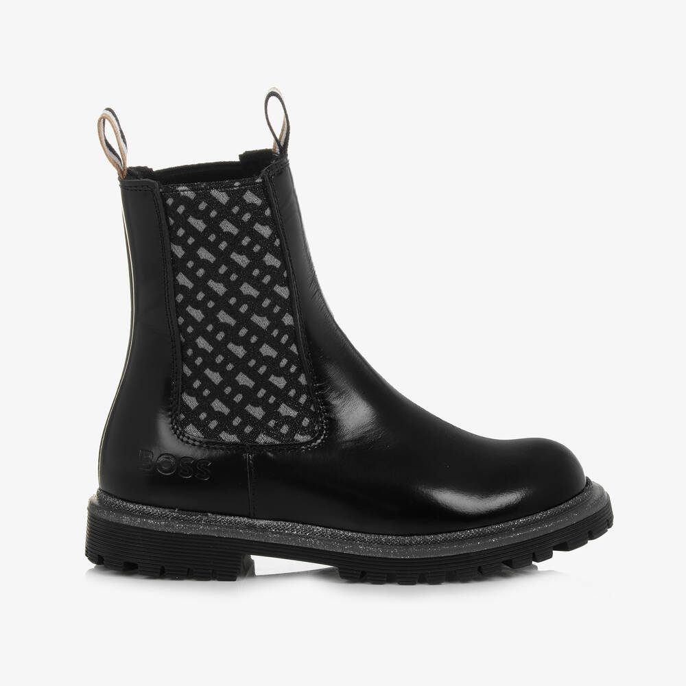 BOSS-Girls Black Leather Monogram Boots | Childrensalon Outlet
