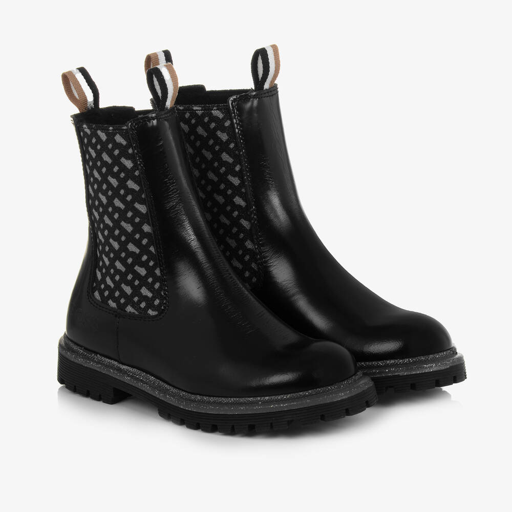 BOSS - Girls Black Leather Monogram Boots | Childrensalon