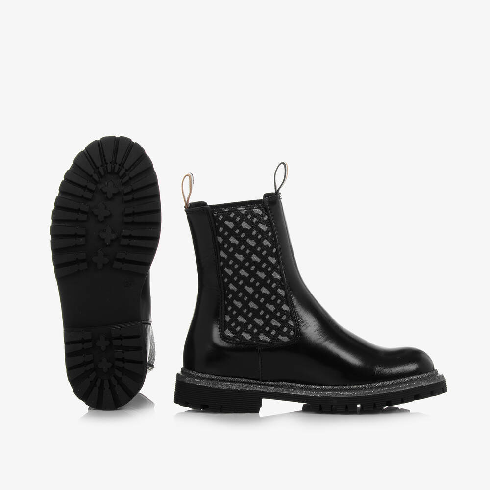 BOSS-Girls Black Leather Monogram Boots | Childrensalon Outlet