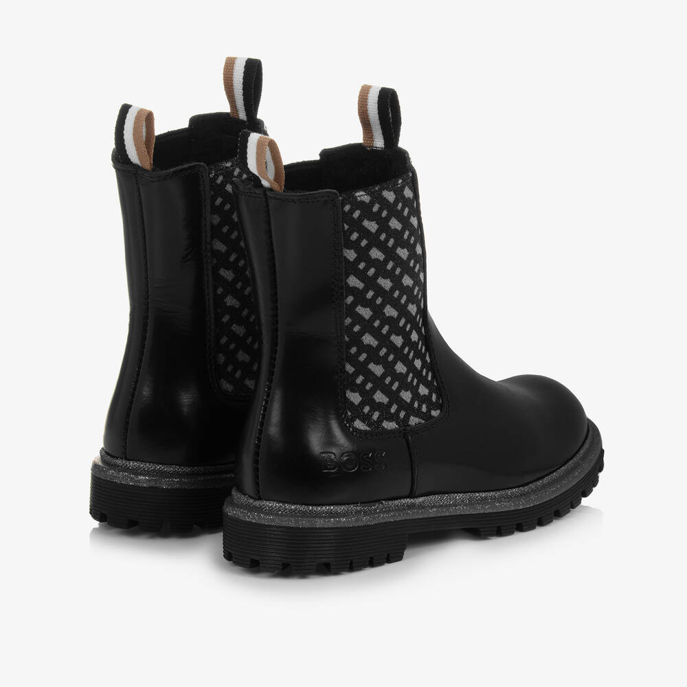 BOSS-Girls Black Leather Monogram Boots | Childrensalon Outlet