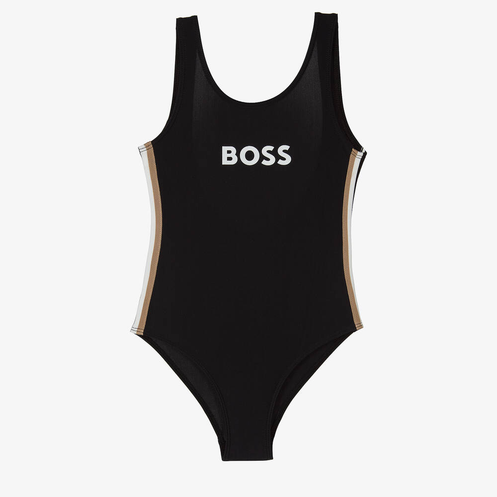 BOSS - Girls Black Logo Swimsuit | Childrensalon