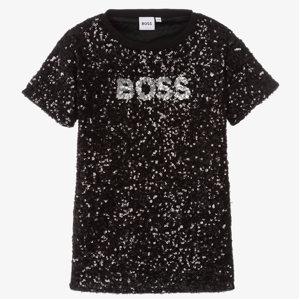 BOSS - Girls Black Sequin Logo Dress | Childrensalon