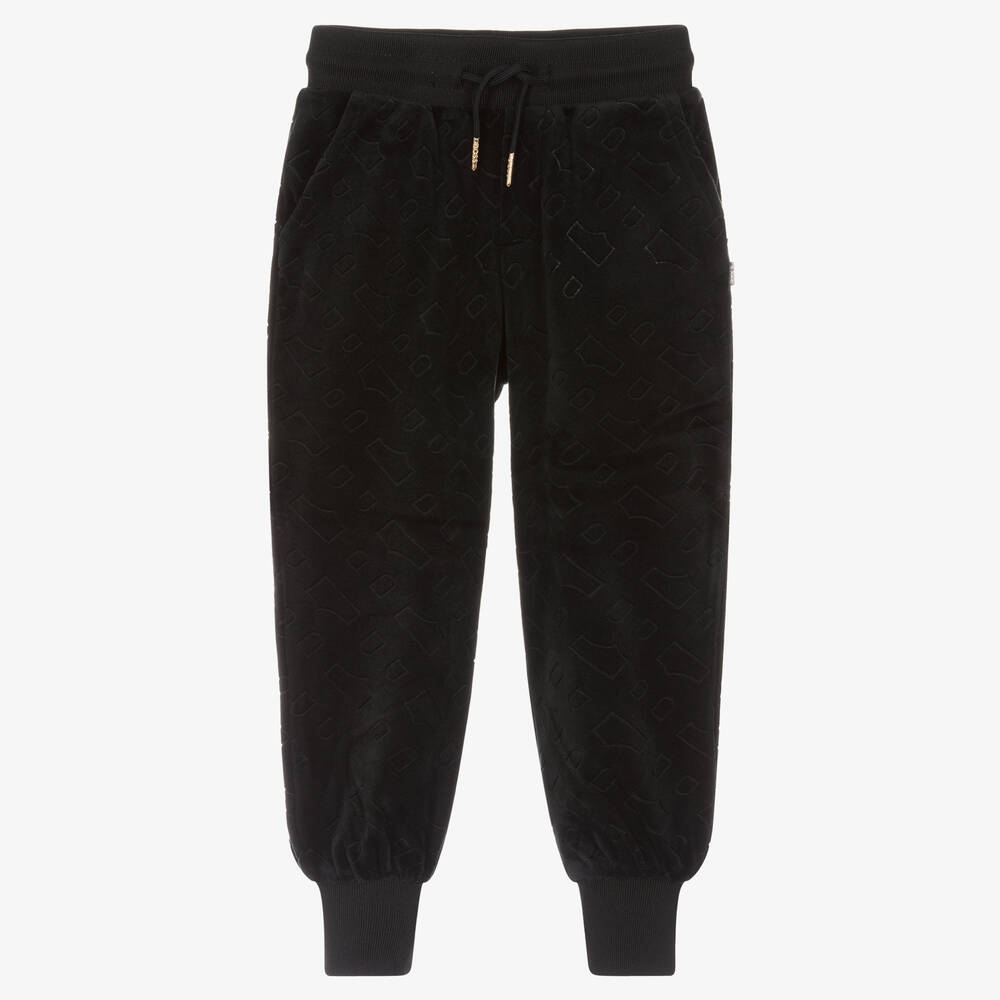 BOSS-Girls Black Velour Monogram Joggers  | Childrensalon Outlet
