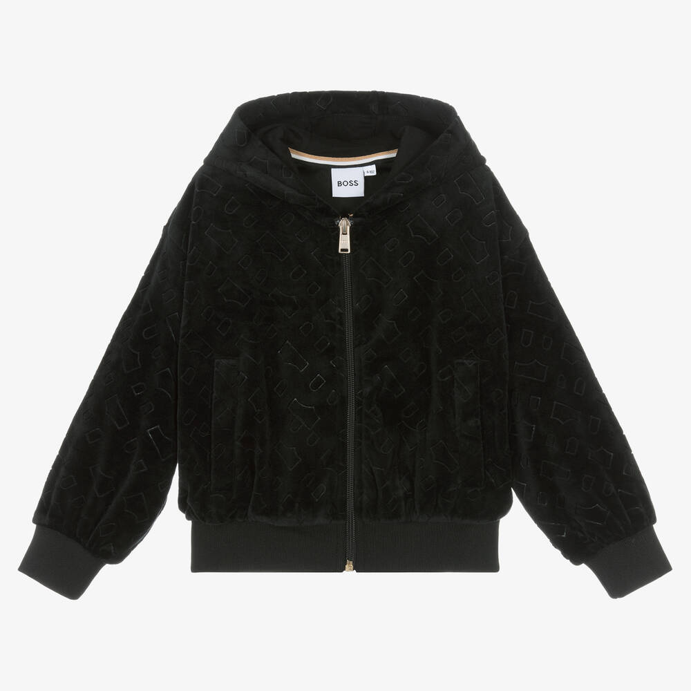 BOSS - Sweat à capuche velours noir zippé | Childrensalon