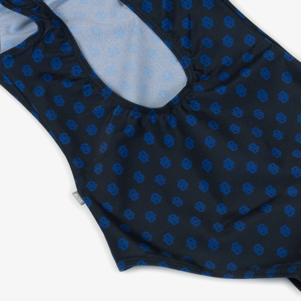 BOSS-Girls Blue Monogram Logo Swimsuit | Childrensalon Outlet