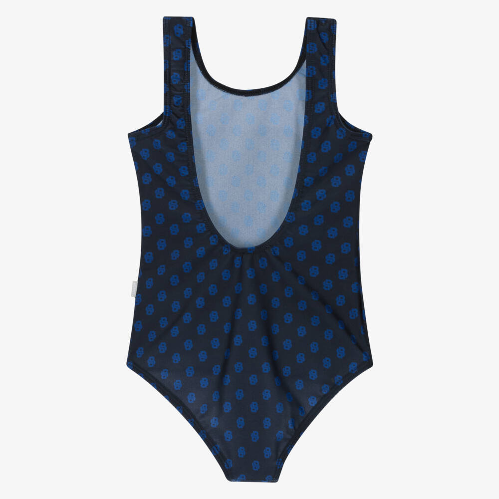 BOSS-Girls Blue Monogram Logo Swimsuit | Childrensalon Outlet