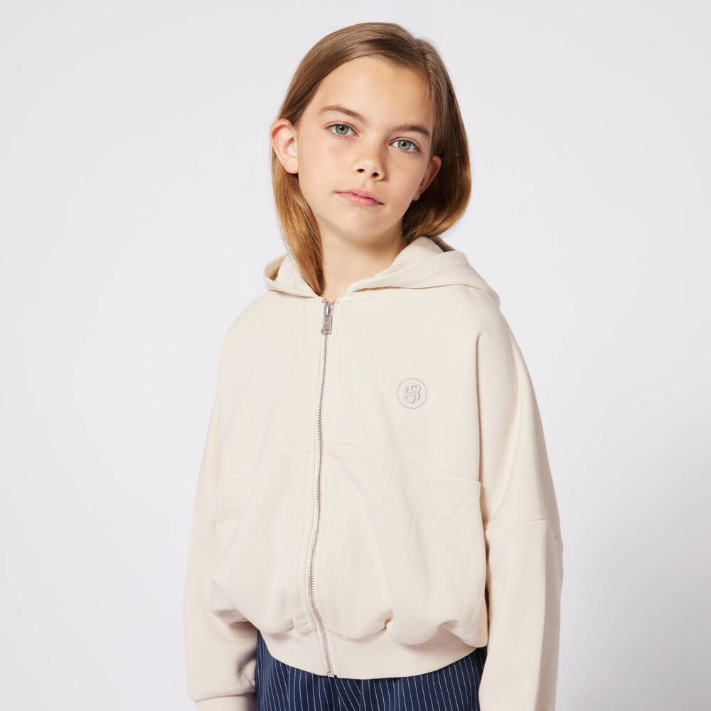 BOSS-Girls Cotton Beige Hooded Cardi | Childrensalon Outlet