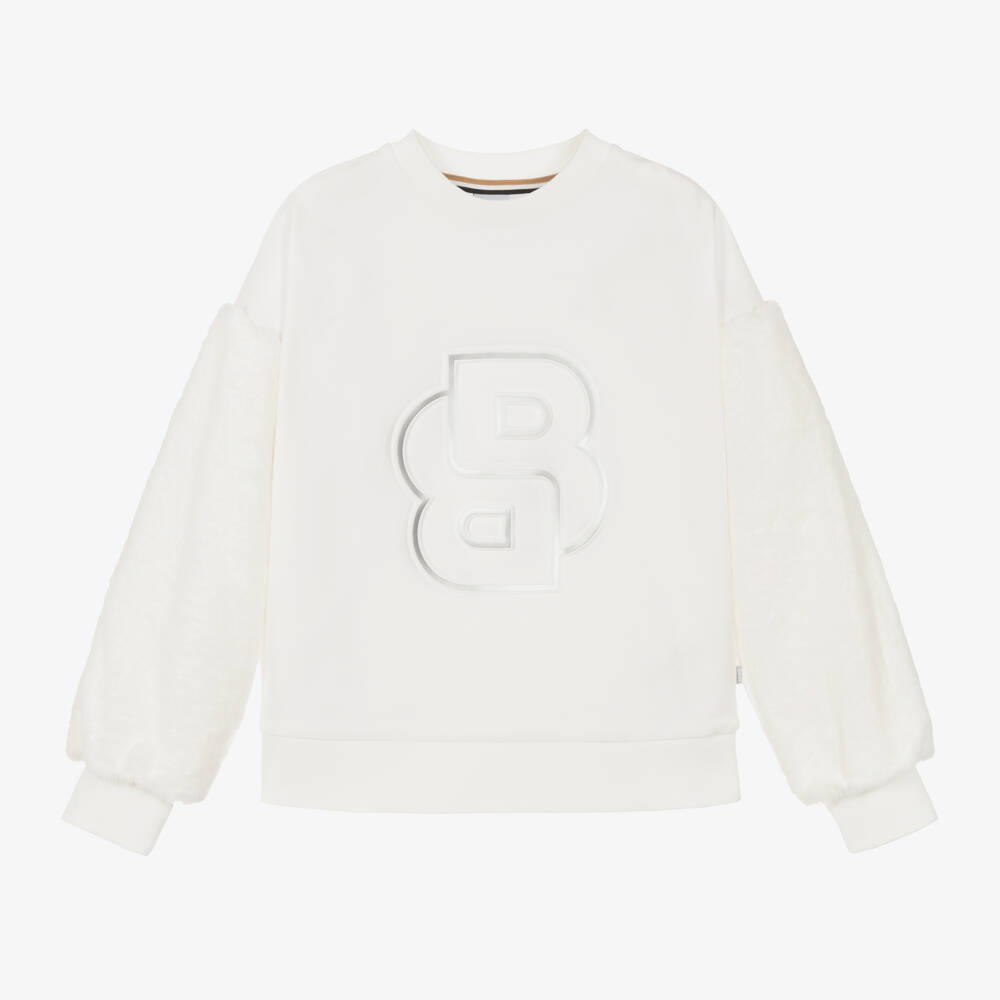 BOSS-Girls Cream Faux Fur Sleeve Jumper | Childrensalon Outlet