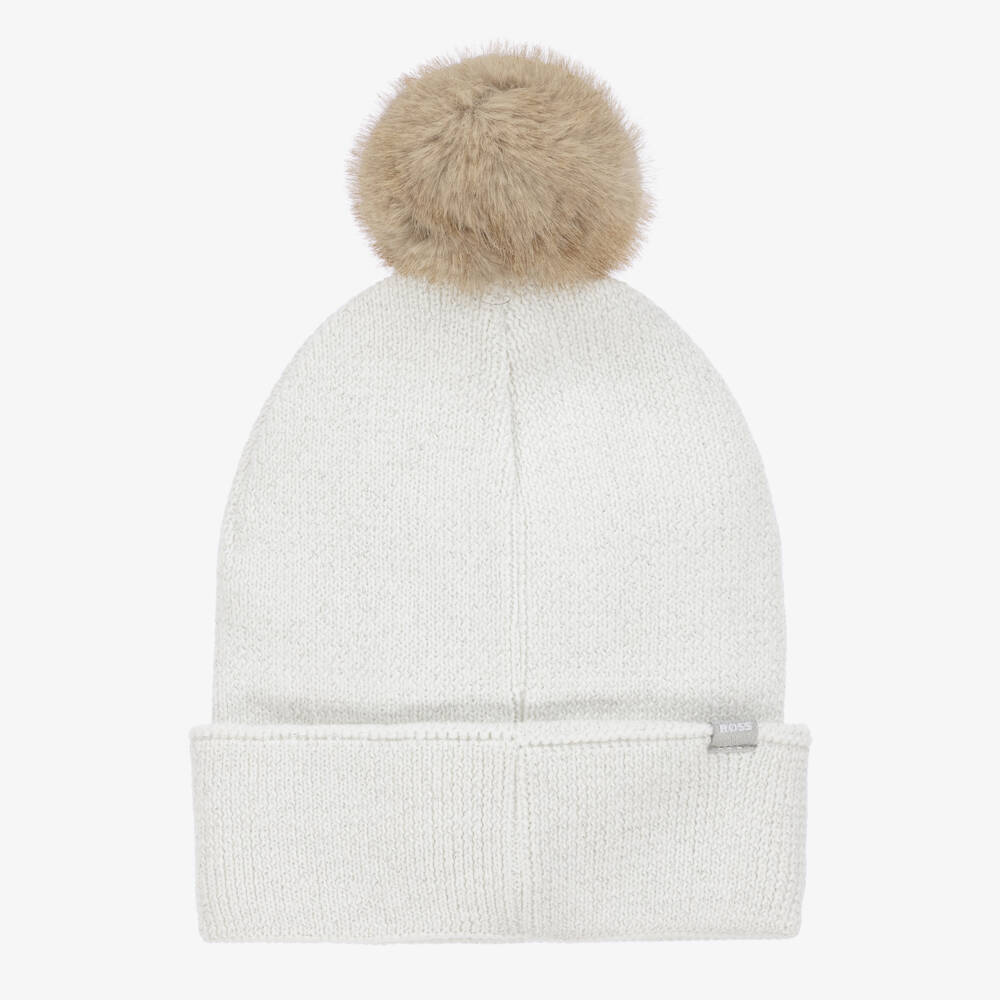 BOSS-Girls Cream Knit Pom-Pom Beanie | Childrensalon Outlet