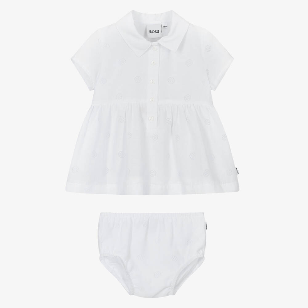 BOSS-Girls Elegant White Monogrammed Dress | Childrensalon Outlet