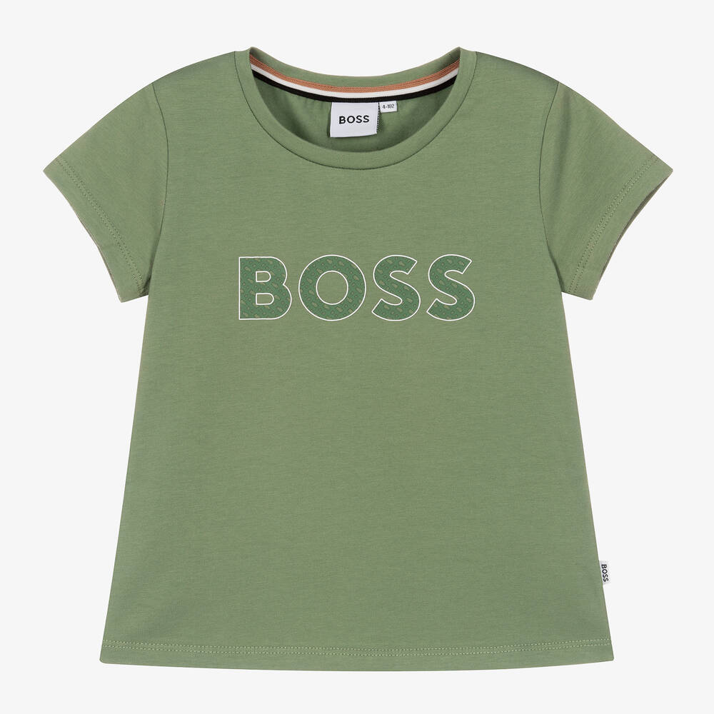 BOSS - Girls Green Cotton Logo T-Shirt | Childrensalon