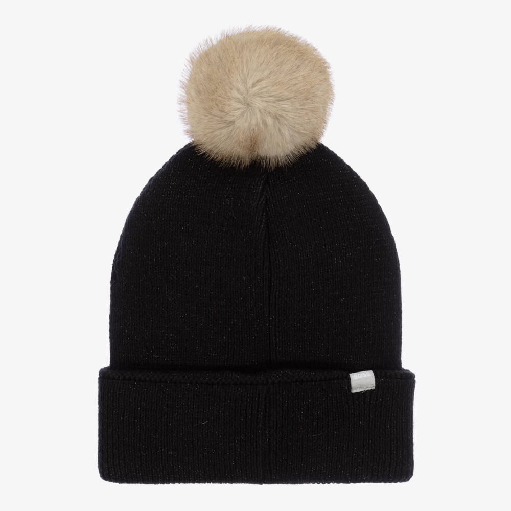 BOSS-Girls Metallic Black Pom Beanie | Childrensalon Outlet