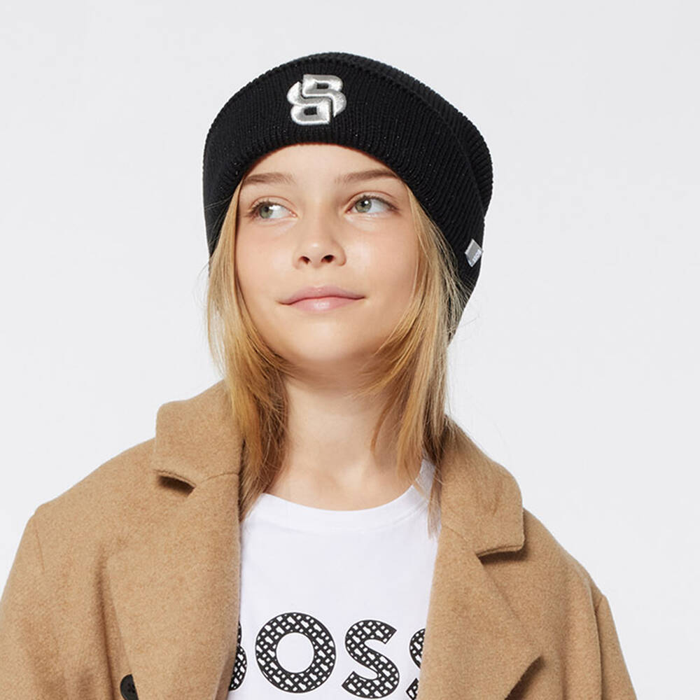 BOSS-Girls Metallic Black Pom Beanie | Childrensalon Outlet