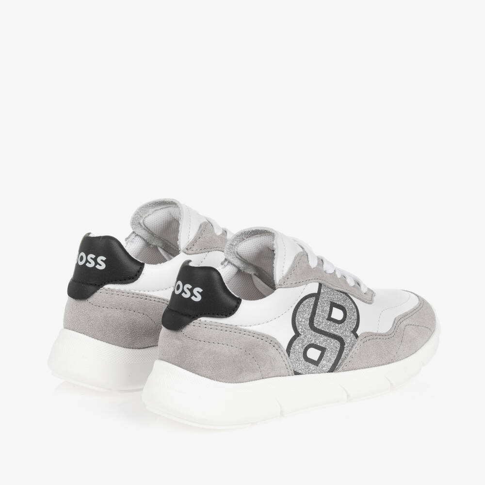 BOSS-Girls Monogram White & Grey Trainers | Childrensalon Outlet