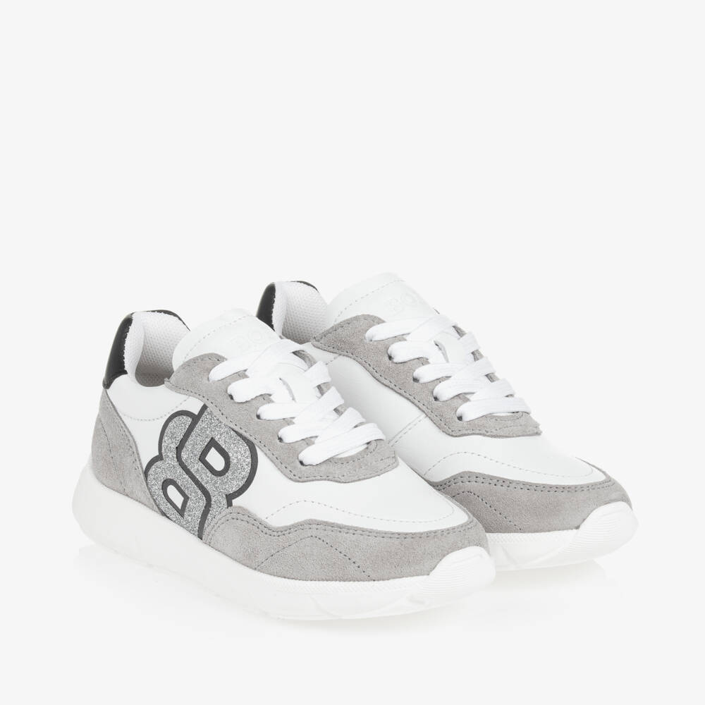 BOSS-Girls Monogram White & Grey Trainers | Childrensalon Outlet