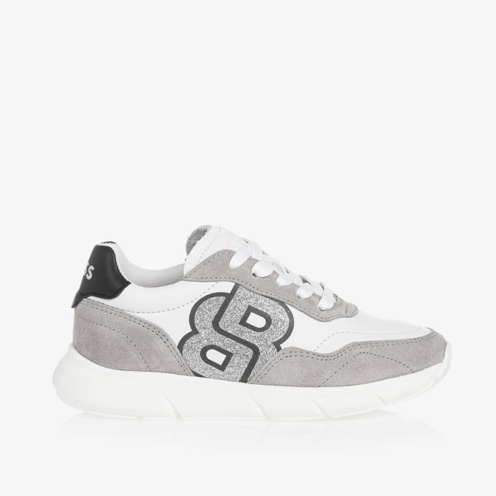 BOSS-Girls Monogram White & Grey Trainers | Childrensalon Outlet