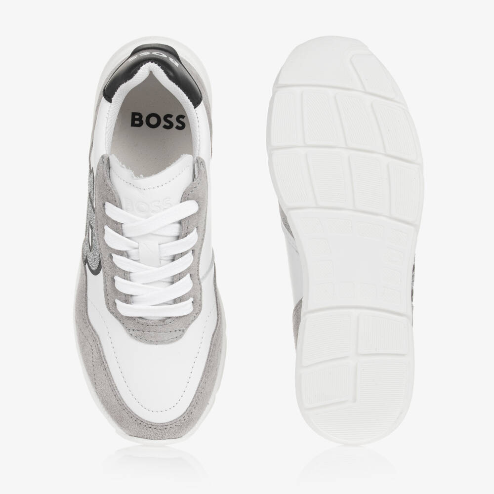 BOSS-Girls Monogram White & Grey Trainers | Childrensalon Outlet