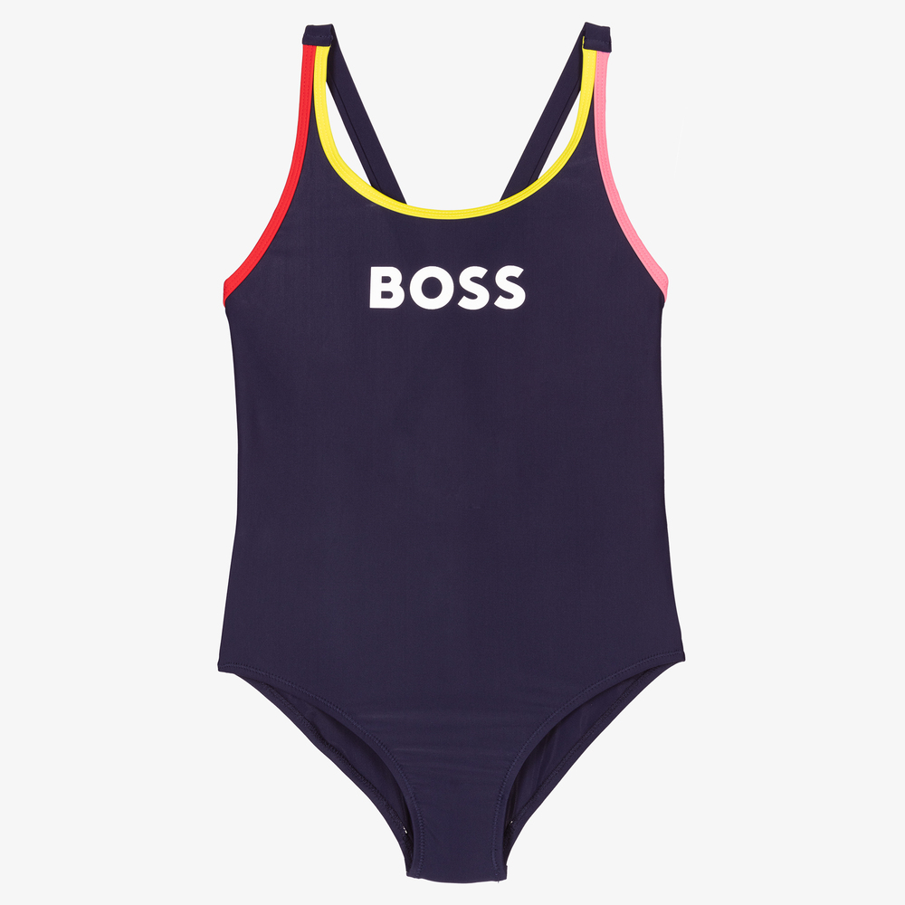 BOSS - Girls Navy Blue Logo Swimsuit | Childrensalon