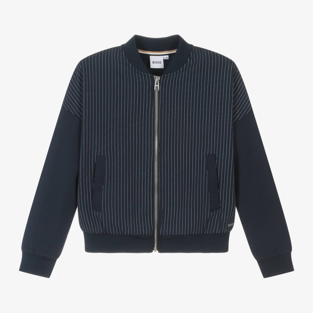 BOSS-Girls Navy Striped Jersey Zip Jacket | Childrensalon Outlet