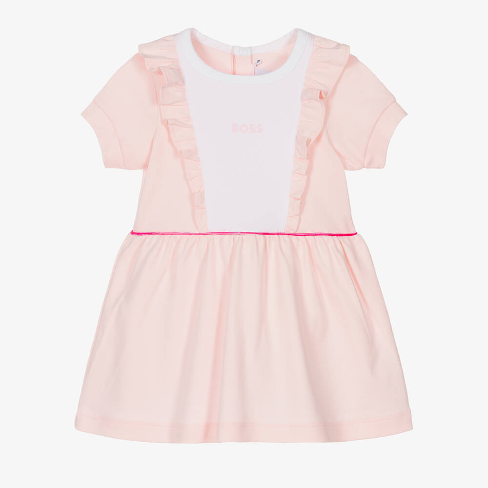 BOSS - Girls Pink Cotton Logo Dress | Childrensalon
