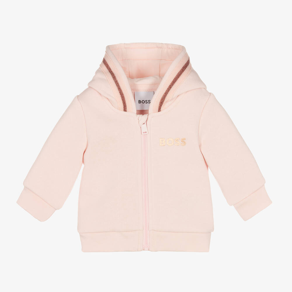 BOSS - Sweat à capuche rose zippé en coton | Childrensalon