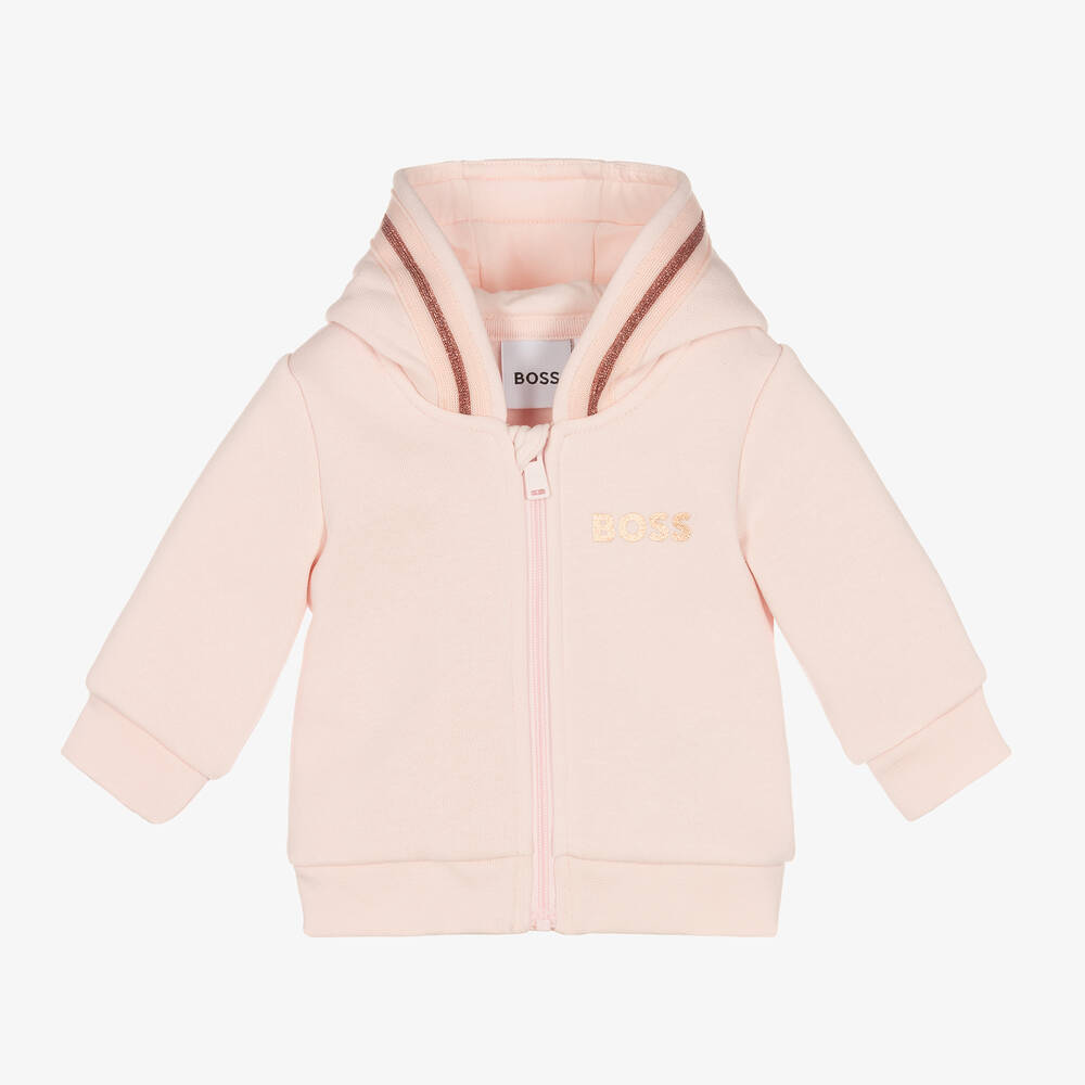 BOSS - Girls Pink Cotton Zip-Up Hoodie | Childrensalon