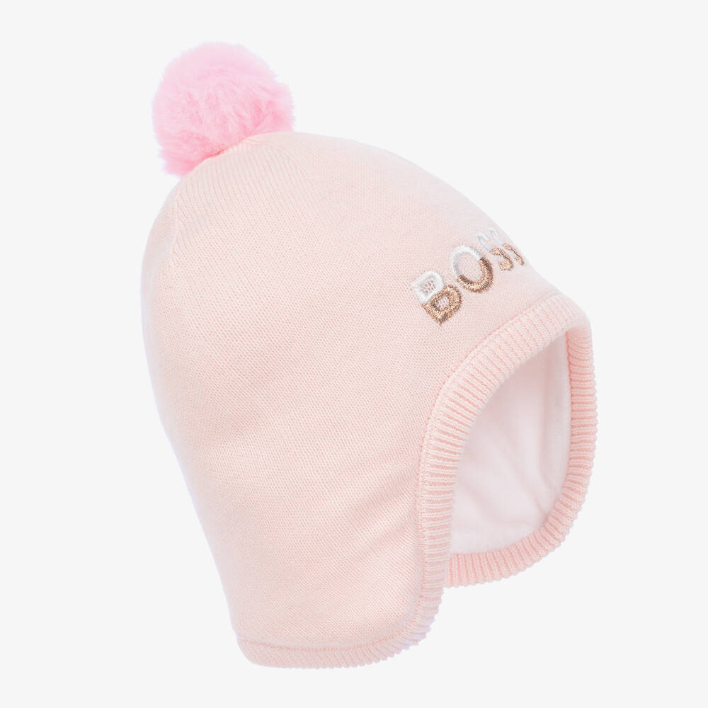 BOSS-Girls Pink Knitted Pom-Pom Hat | Childrensalon Outlet