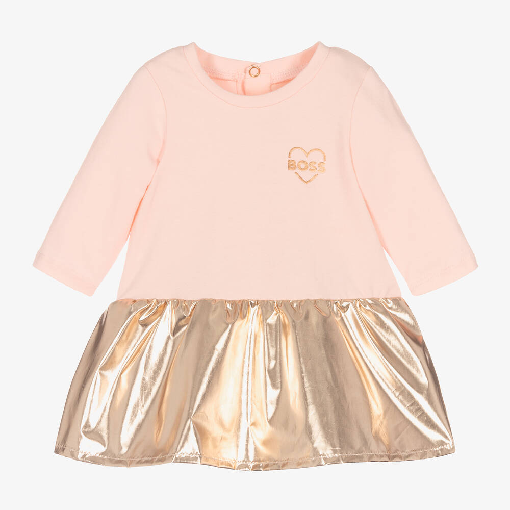 BOSS - Girls Pink & Metallic Rose Gold Cotton Dress | Childrensalon