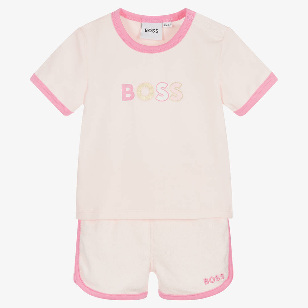 BOSS - Girls Pink Organic Cotton Logo Shorts Set | Childrensalon