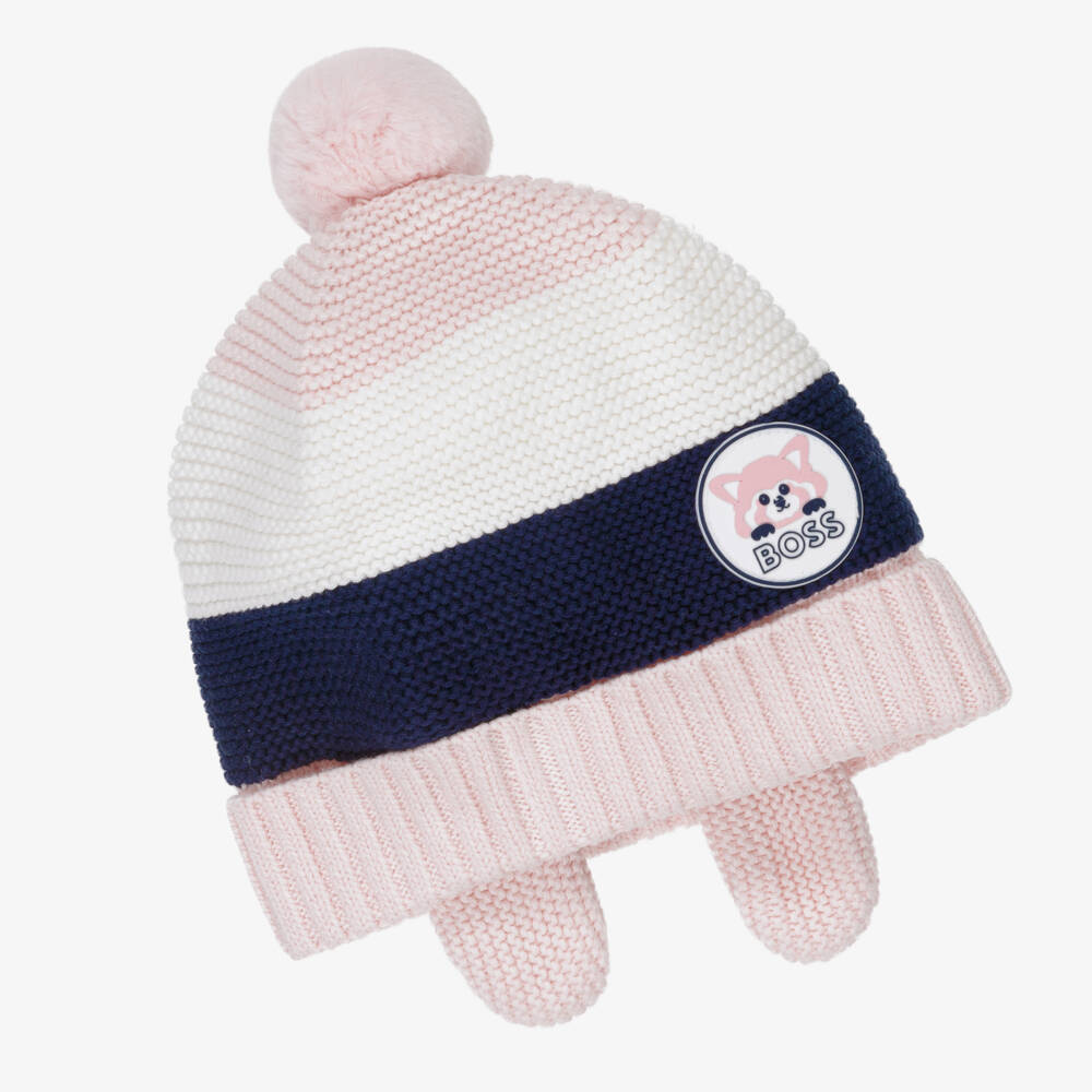 BOSS-Girls Pink Pom-Pom Knit Hat | Childrensalon Outlet
